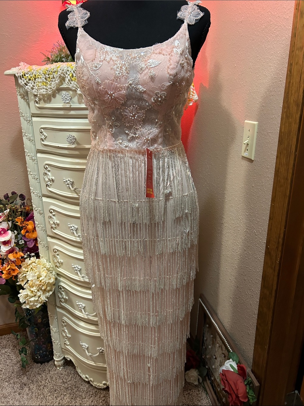 Source Unknown Blush Pink Beaded Fringe Maxi Dress